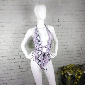 Snakeskin Print Convertible Strap Low Cut One-piece Swimsuit Lavender Size Small